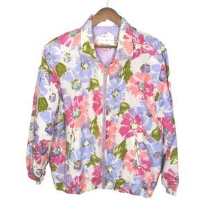 Vital Zone Colorful 100% Silk Floral Print Sequin Accents Windbreaker Sz Medium